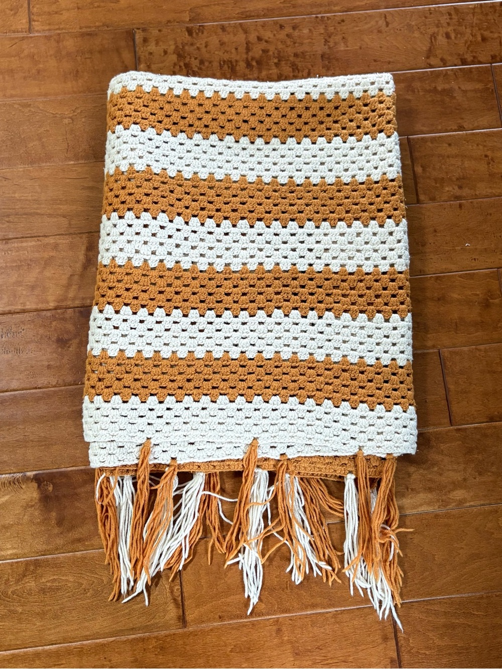 Vintage Hand Crochet Knitted Butterscotch Cream Afghan with Tassles